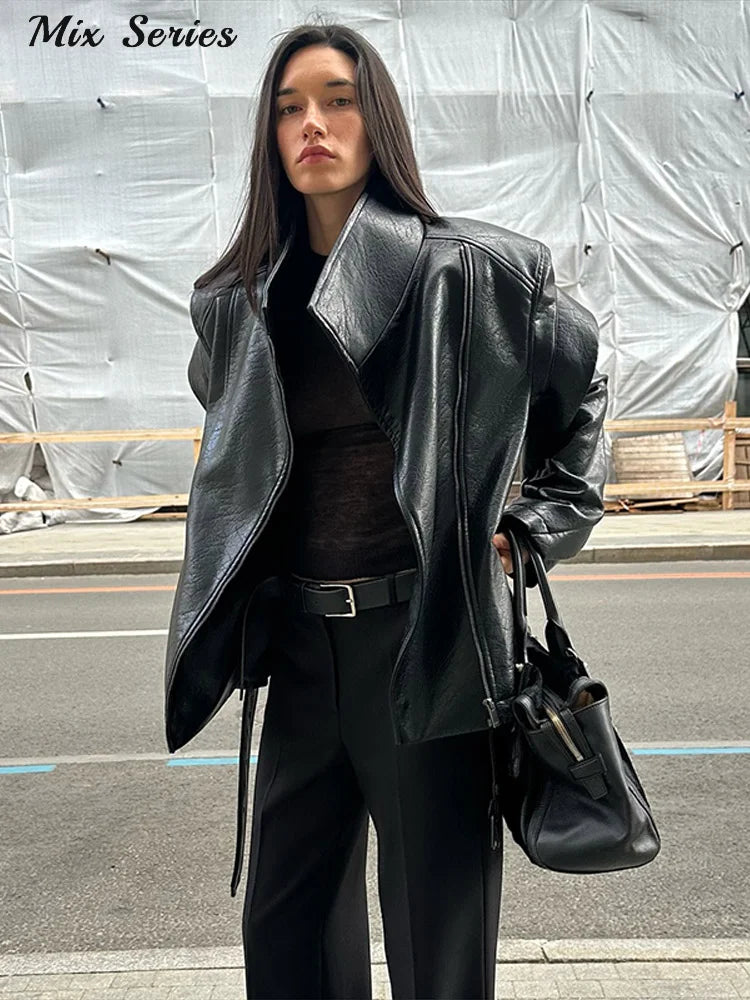 Fashion Solid Leather Jacket Women's Turtleneck Side Zipper Long Sleeve Belted Coat 2025 Autumn New Lady High Street Outerwear