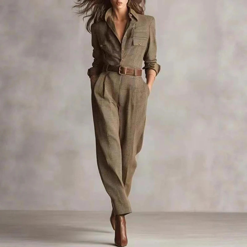 Elegant Button Lapel Shirt Jumpsuits Woman Vintage Plaid Print Pocket Slim Overalls Autumn Long Sleeve Female Clothing Bodysuits