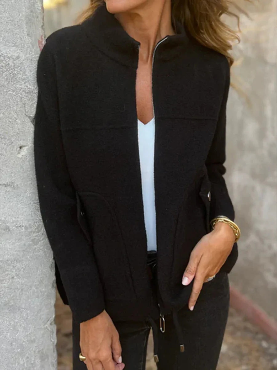 Lightweight Casual Zipper Cardigan Wool Jacket For Women's Autumn Stand Collar Tether Pocket Loose Versatile Female Wool Coat