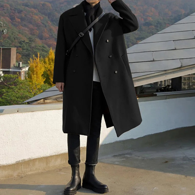 2024 Spring Medium Length Coat Men Fashion Woolen Trench Coats Korean Loose Casual Double Breasted Jackets