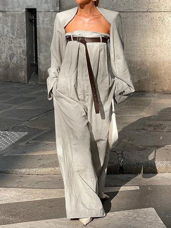 Freeacy 4 Colors Women's Jumpsuit Long Sleeve Outerwear and Belted One-piece Pants Solid Cotton Two-piece Set Loose Fit Coverall