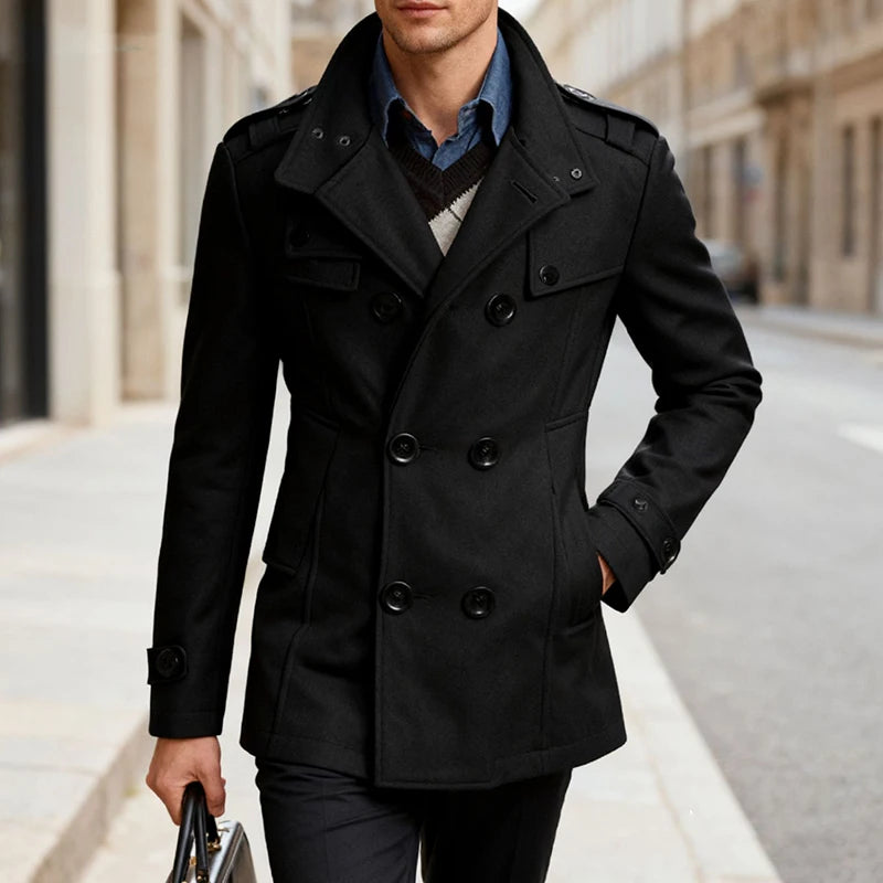 Vintage Lapel Double-breasted Woolen Coats Men Fall Winter Solid Color Trench Coat Casual Men's Slim Mid-length Overcoat