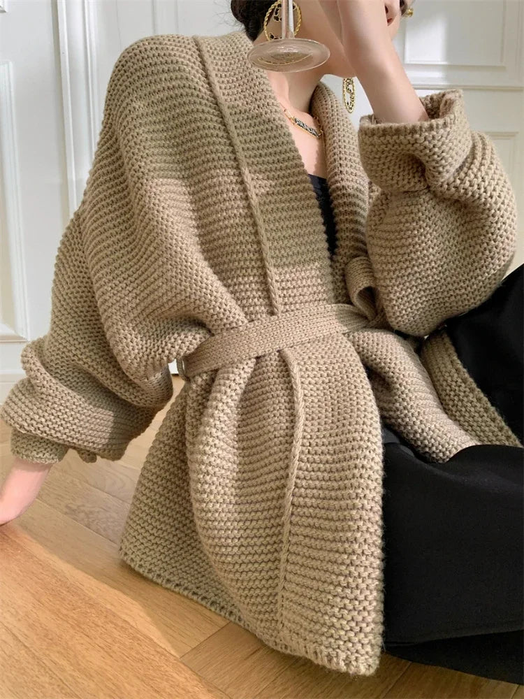 Women's Knitted Lace-Up Belt Cardigan Nightgown Loose Fit Thick White Autumn Winter Sweater Outerwear Fashionable