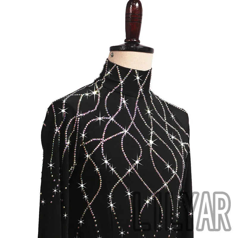 New Man Latin Dance  Performance Competition Performs Adult Black High Neck Long Sleeved Sparkling Diamond Jumpsuit Custom Color