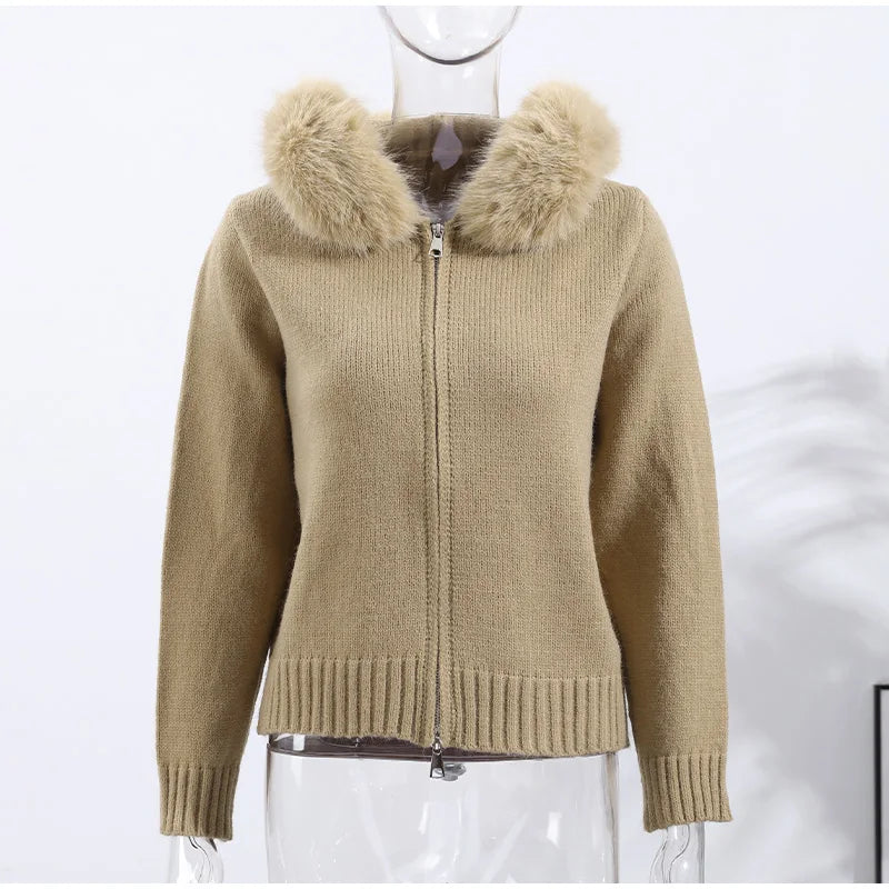 2025 Autumn Winter Women's Knitted Fur Hooded Cardigan Double Zipper Full Sleeve Sweater Fashion Warm Solid All-match Knitwear
