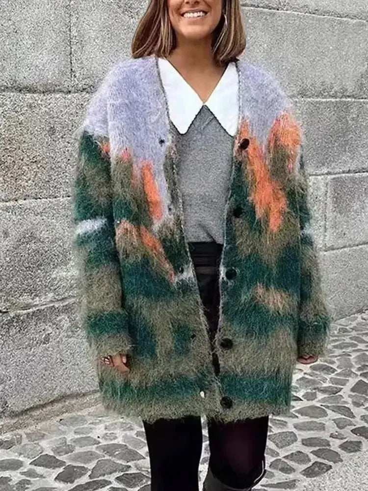 Vintage Woman Print Cardigan Knitted V-neck Long Sleeves Single Breasted Sweater Coat 2025 Autumn Casual Women's Outwear
