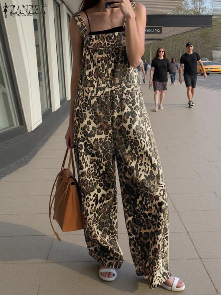 ZANZEA Casual Leopard Print Jumpsuits 2025 Summer Overalls Women Pockets Fashion Wide Leg Pants Loose Streetwear Long Rompers