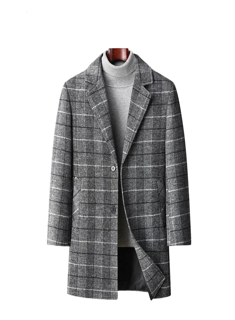 New Winter Men Plaid Business Casual Cashmere Trench Coats British Style Overcoats Quality Man Warm Woolen Blends Long Jackets