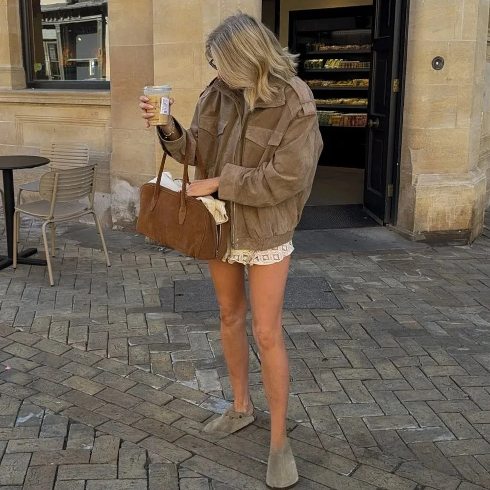 KONDALA Chic Suede Women Bomber Jacket Women Long Sleeve Pockets Straight Loose Coat Fashion 2025 Fall Winter Streetwear Outwear