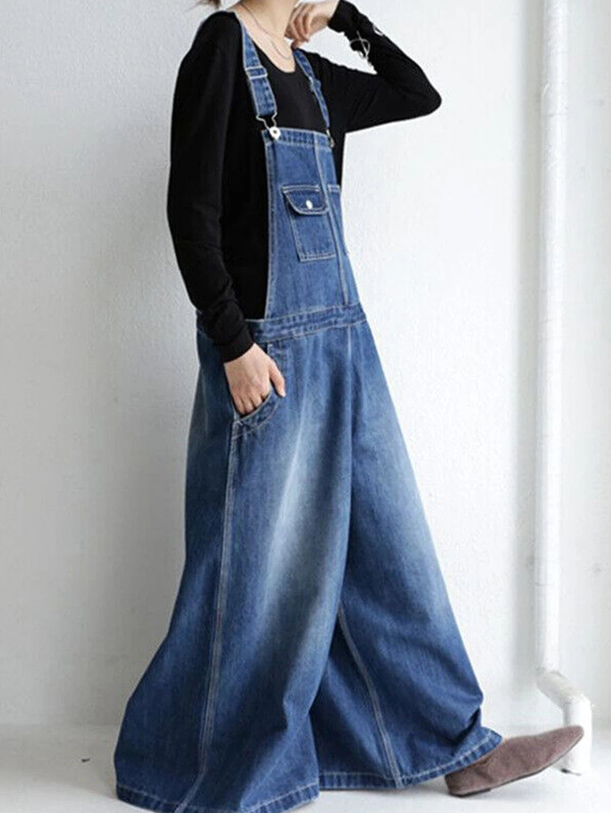 Women Denim Overalls Vintage Streetwear Loose Jumpsuit Korean Straight Wide Leg Pants Casual Jeans Oversized All Match Trousers