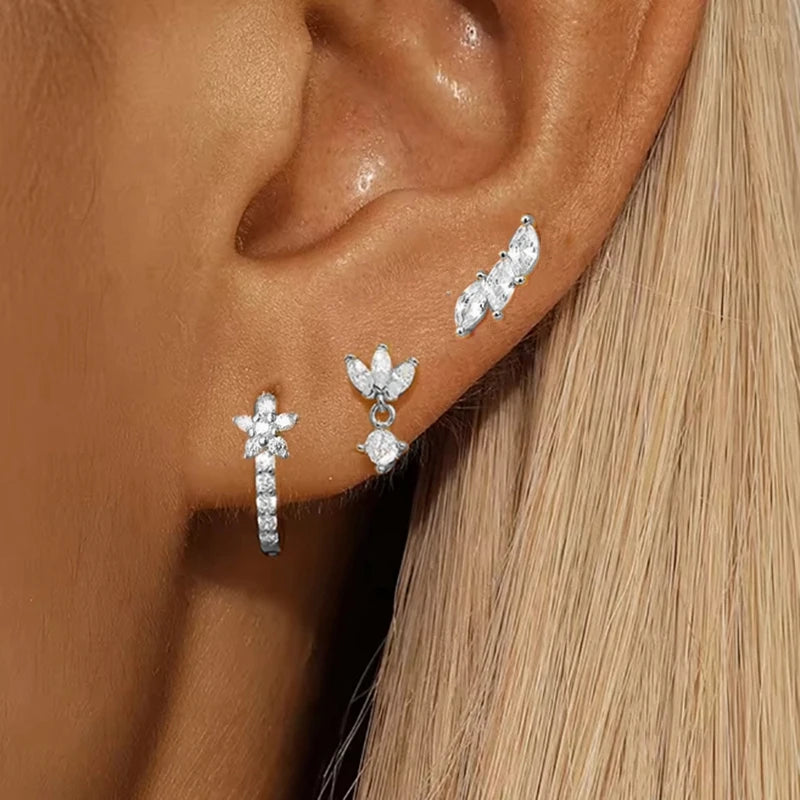3PCS Flower Huggie Earring Set For Women Tragus Piercing Jewelry Lot Leaf Crystal Cartilage Hoop Earrings Helix Lobe Earing Bulk