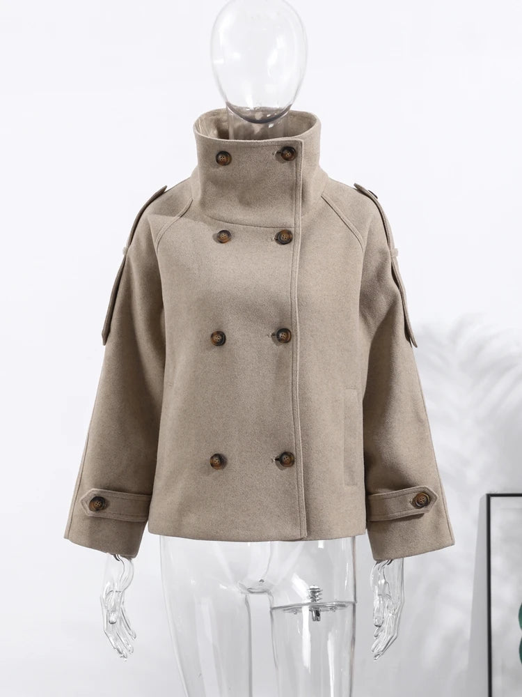 Fashion Women's Stand Collar Coat Long Sleeve Double-breasted Solid Pockets Jacket Female 2025 Autumn Winter Lady New Streetwear