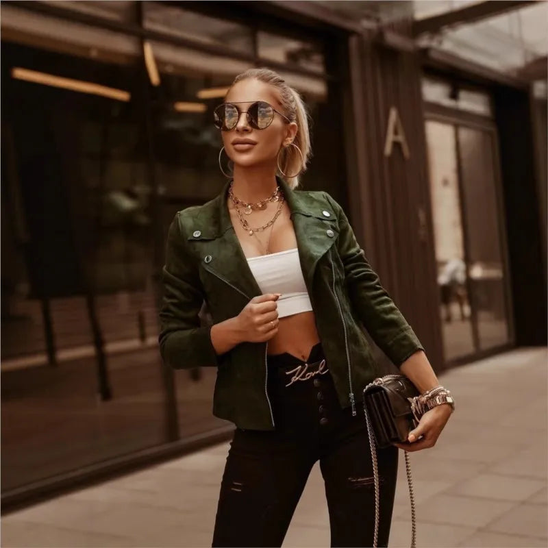 Elegant Temperament Solid Jacket For Women's 2024 Autumn Winter Solid Slim Oblique Zipper Lapel Short Jacket Female Streetwear