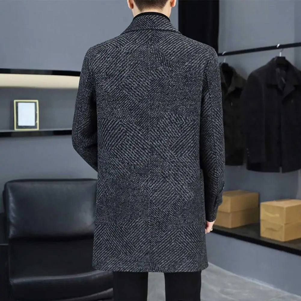2025 New Men Woolen Coat Lapel Long Sleeve Single Breasted Mid-Length Overcoat with Pockets Casual Daily Wear