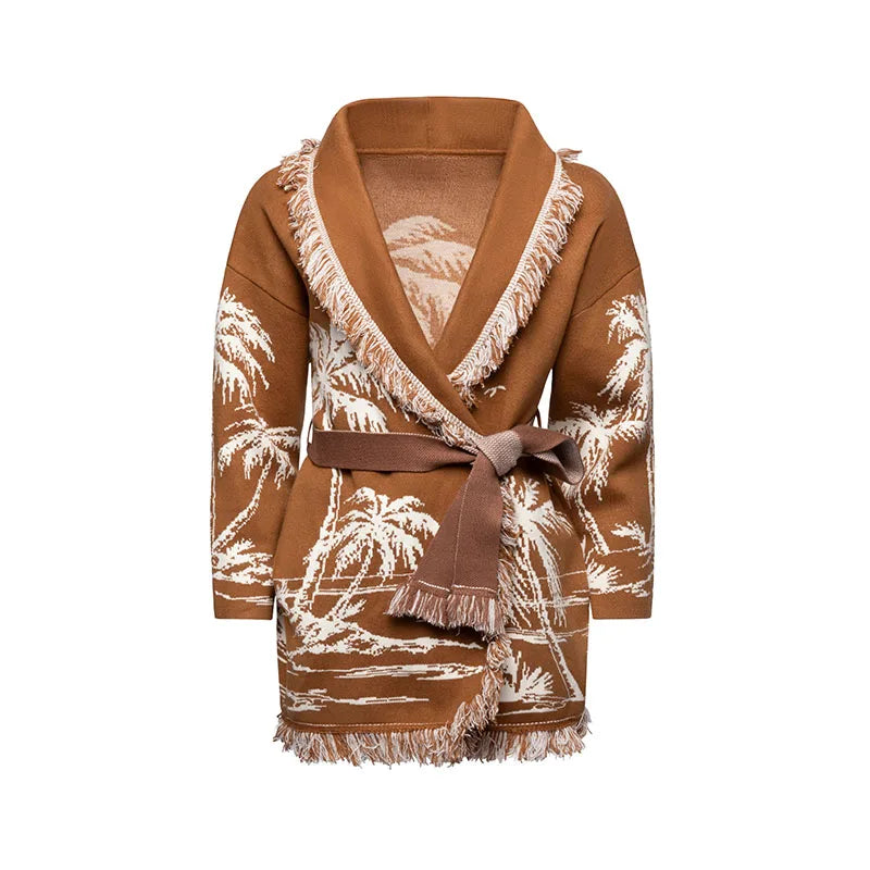 Tassel Patchwork Printed Cardigan Women Geometric Patterns Belts V-neck Long Sleeve Knitted Street Lady Sweater 2025 Autumn Coat