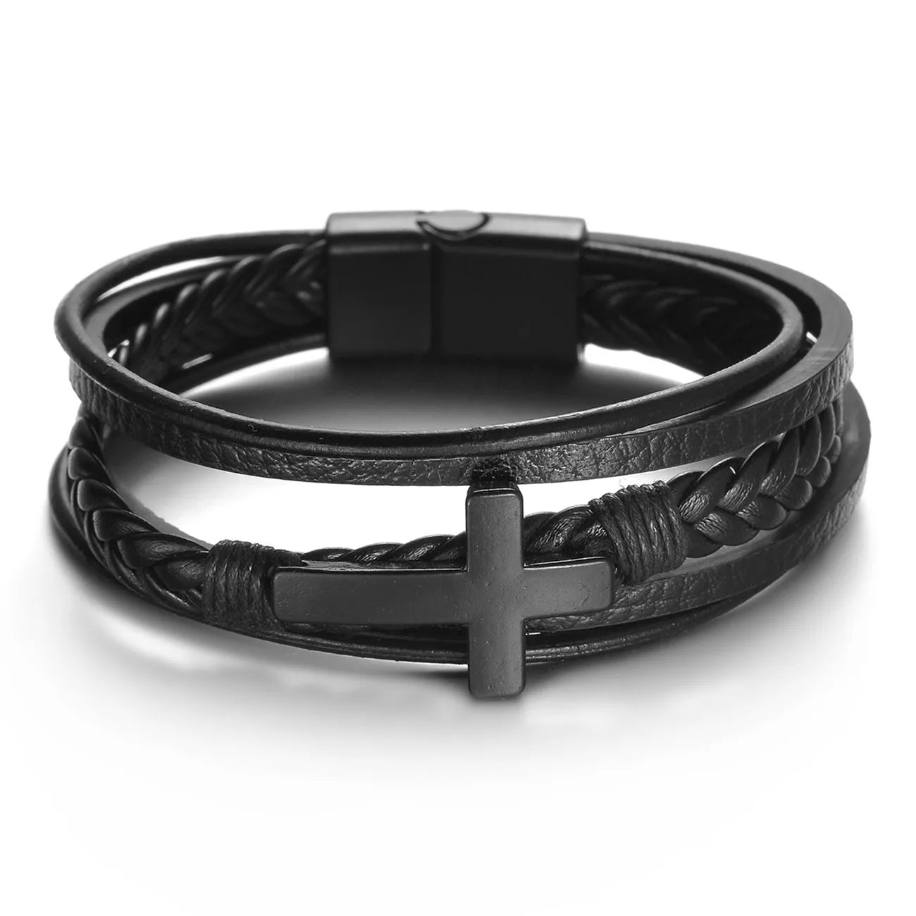 Men's Cross Leather Bracelet Prayer Multi Layer Braided Stainless Steel Fashion Classic Wristband Birthday Gift For Men Women