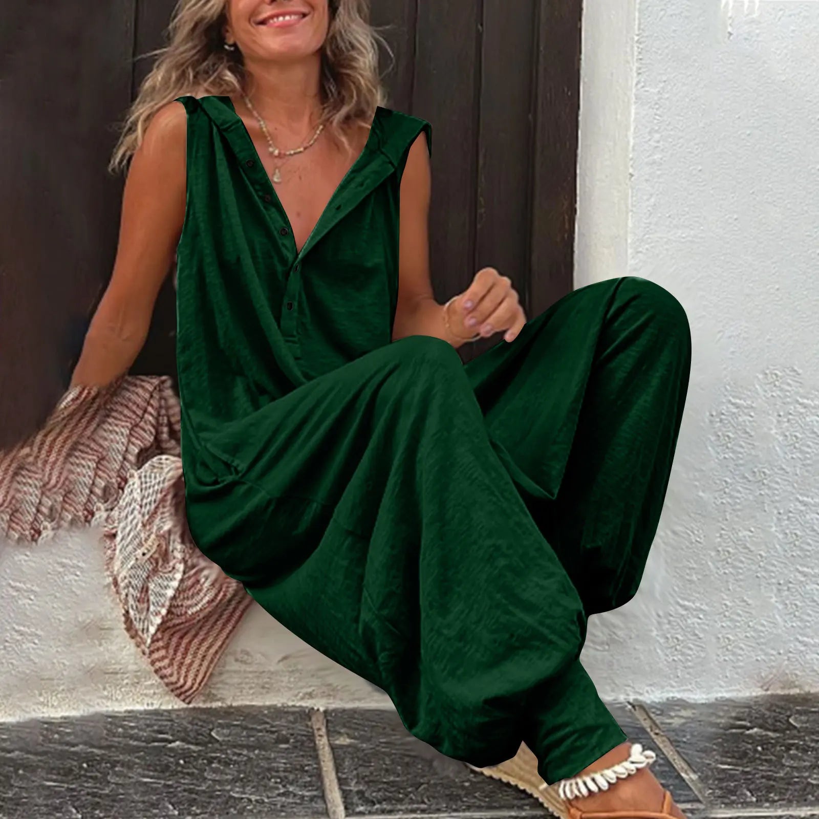 Fashionable Sleeveless Hooded Collar Jumpsuit Women Spring Summer Button Pocket Loose Casual Baggy Pants Jumpsuits Female
