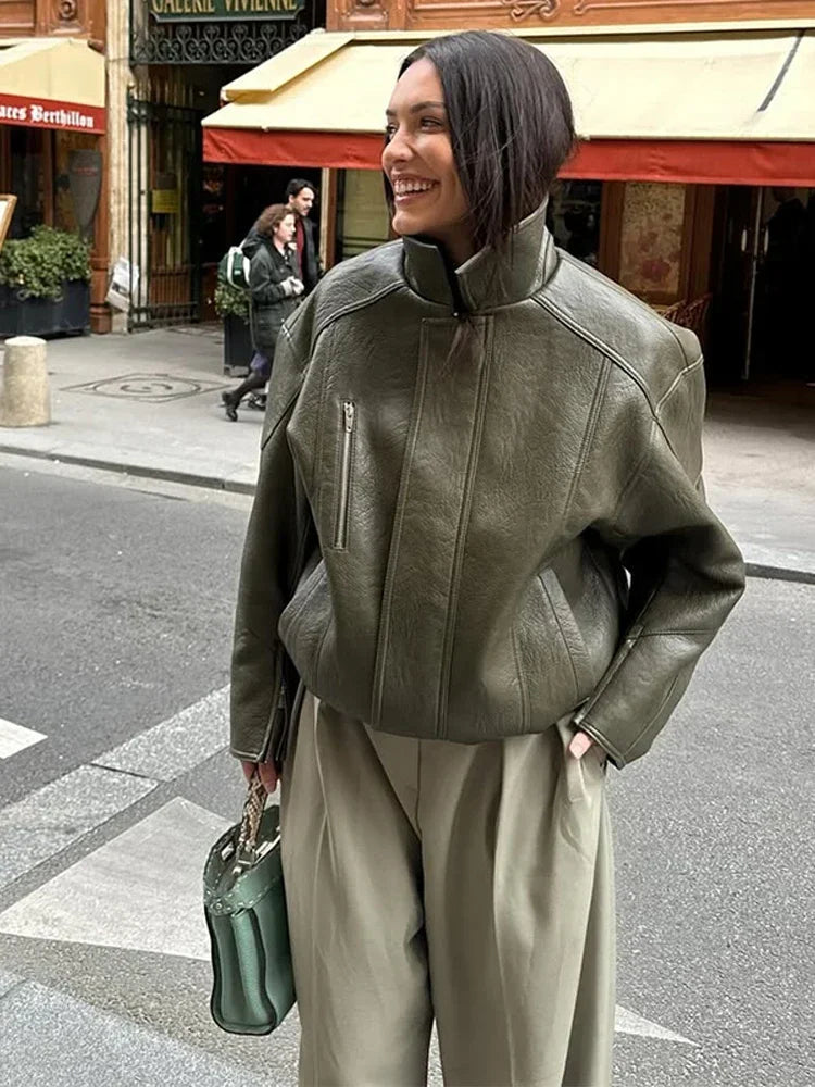 Green Patchwork Leather Short Jacket Women Casual Stand Collar Long Sleeve Loose Mini Coat 2025 Lady Autumn Daily Street Coats