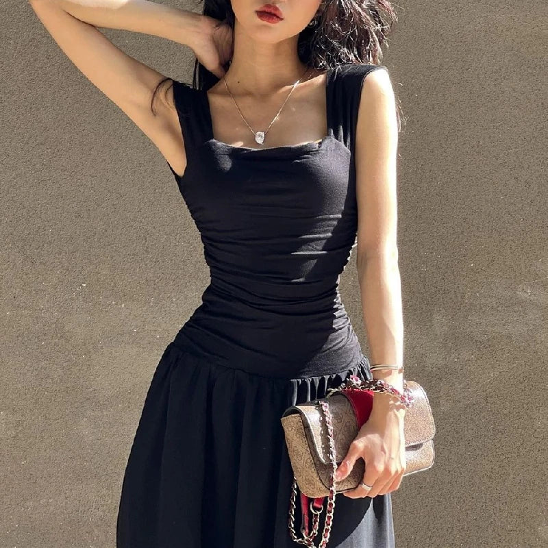 WhereMery Elegant Slip Long Dresses Sexy Women Ruched Bodycon Solid Maxi Dress Spring Y2K Summer Temperament High-waist Vestidos