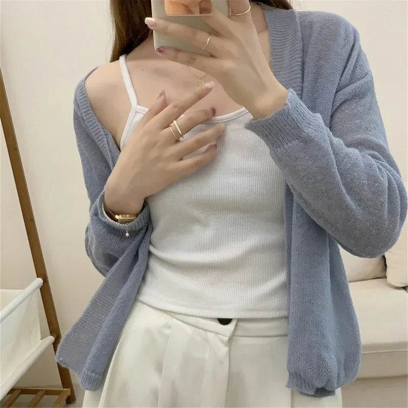 2025 Korean Style Women Long Sleeve Elegant Cardigan Sweater Autumn Solid Color Knitted Top Casual Knitwear