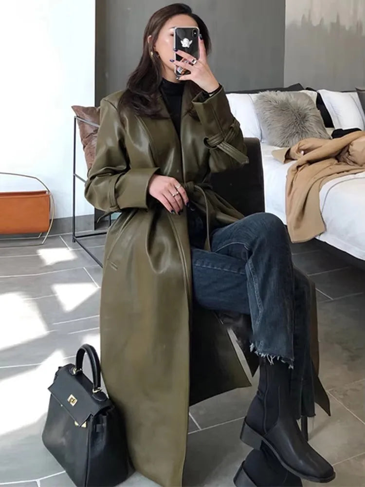 Mauroicardi Spring Autumn Long Waterproof Pu Leather Coat Women Sashes Elegant Luxury Chic Korean Fashion Clothes Overcoat 2025