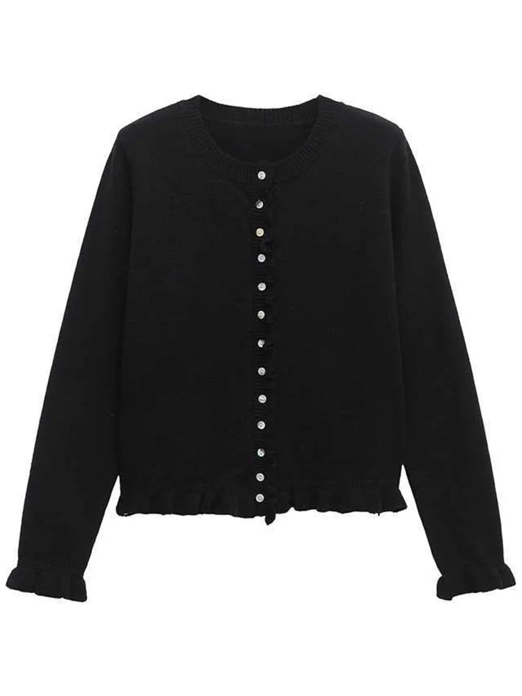 Tossy Ruffled Knit Cardigan Coat For Women Ribbed Long Sleeve Fashion Patchwork Elegant Sweater Outwear Female Knitwear Cardigan