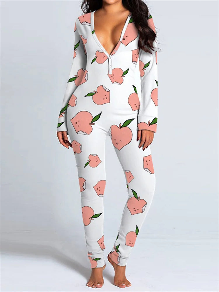 Women Jumpsuits Pajama Long Sleeve V Neck Bodycon Hip Detachable Crotch Romper Bodycon Playsuits Casual Loungewear