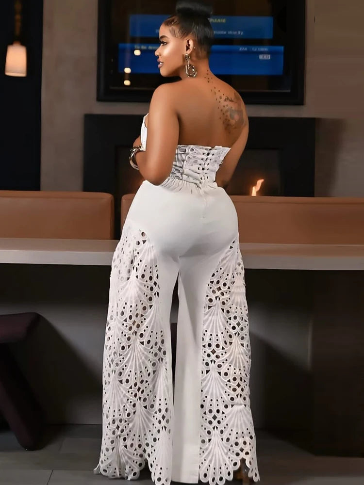 Beyprern Elegant Hollow Out Lace Breast Croset Tube Top And Wide Legs Pants Set Womens Lace Tracksuits Palazzo Set Sexy Clubwear