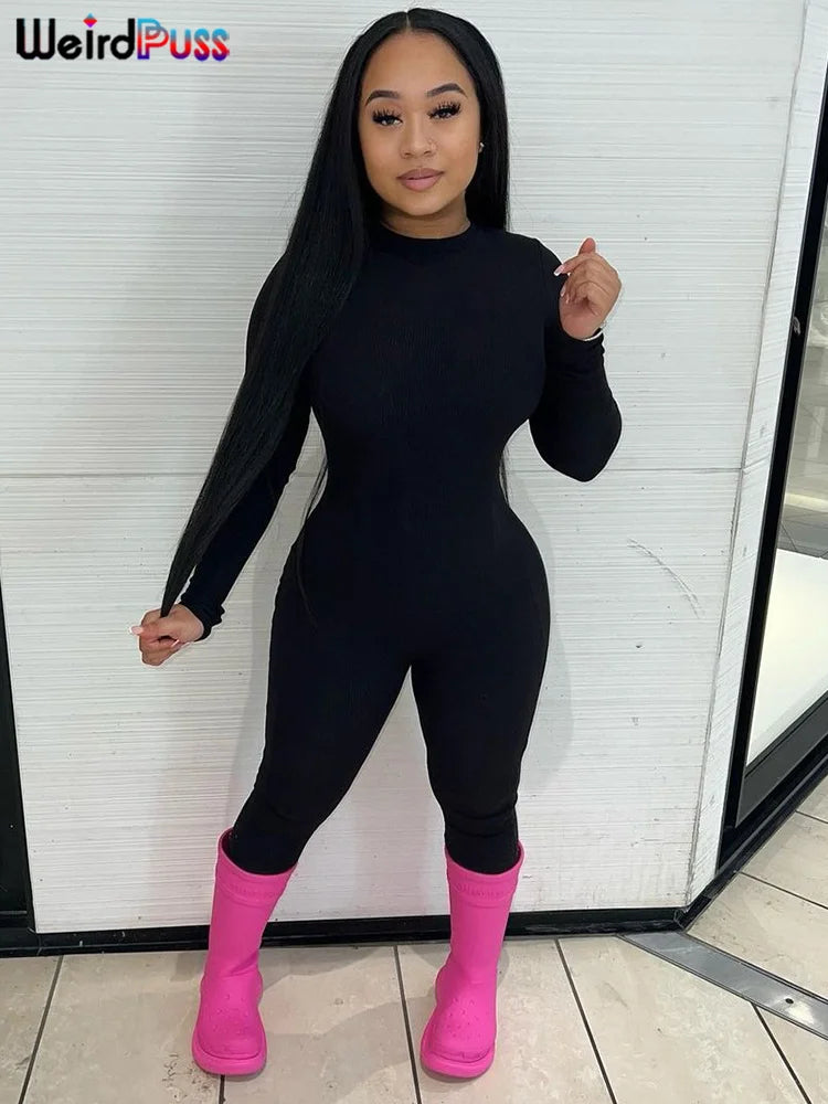 Weird Puss Solid Fitness Casual Jumpsuit Women Long Sleeve Stretch Skinny Activity Sporty Tight Simple Fall Streetwear Overalls