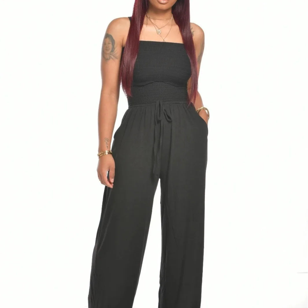 2025 Women Loose Wide Leg Pants Summer Female Drawstring Pocket Full Beachwear Trousers  Bodysuit Sexy Wrapped Chest Clothing