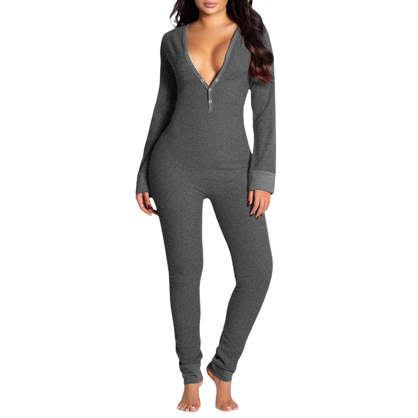 Women Jumpsuits Pajama Long Sleeve V Neck Bodycon Hip Detachable Crotch Romper Bodycon Playsuits Casual Loungewear