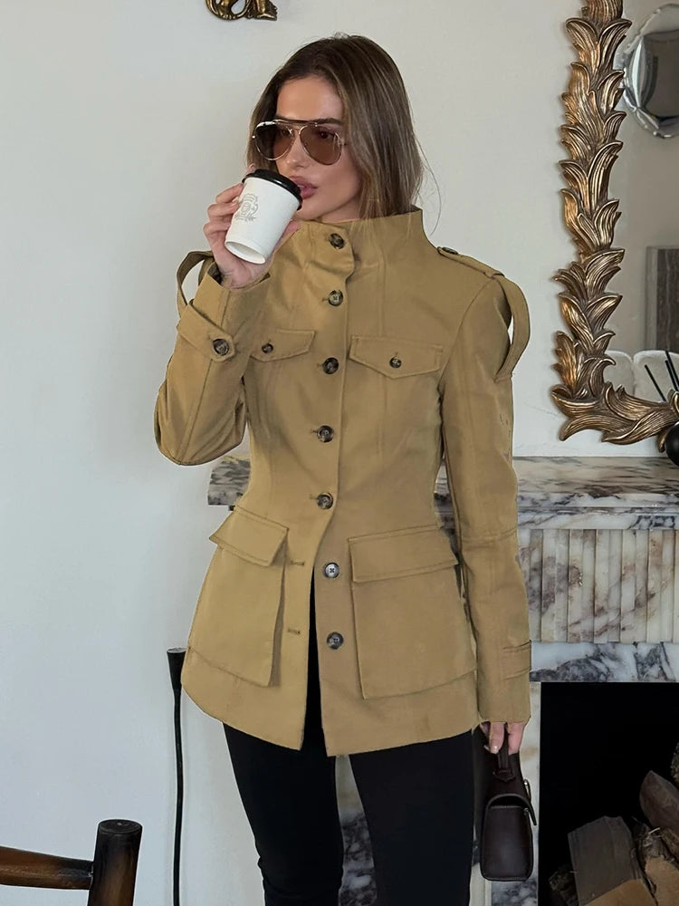 Elegant Stand Collar Trench Coats Women Y2K Long Sleeve Pockets Waist Jacket 2026 Autumn Street Lady Single Breasted Outerwear