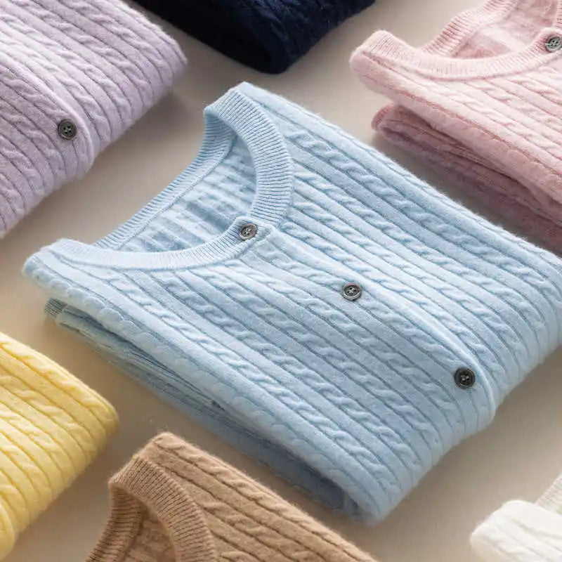 2025 Autumn Winter O Neck Cardigan Women Sweater New Casual Versatile Tops Solid Long Sleeve Single Breasted Cable Knit Sweater
