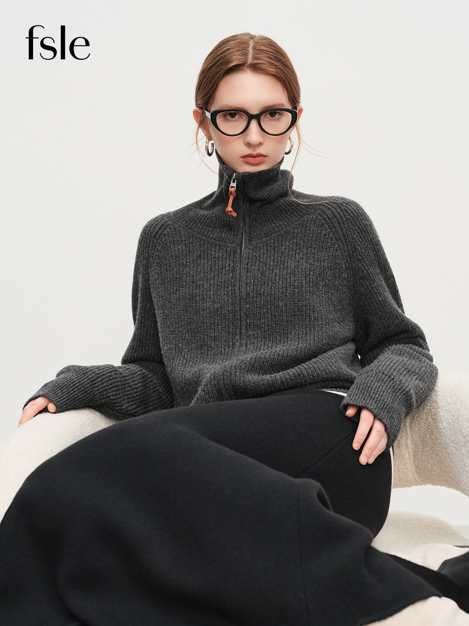 FSLE Autumn Sweater Women Loose Fit Wool Blend Knit Cardigan Fall Winter 2025 New Style Zipper Front Outerwear Top for Casual