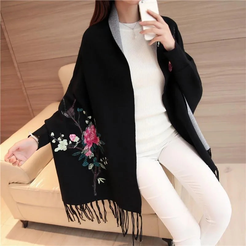 Autumn and winter embroidered cape shawl women's embroidered knitted cardigan tassel knit sweater