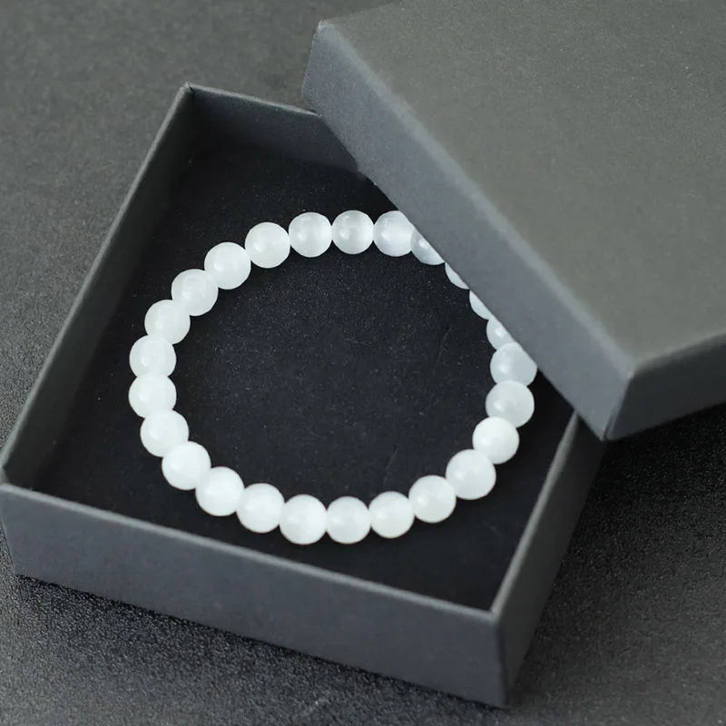Noter 100% Natural White Cat Eyes Stone Bracelet Women 4/6/8/10/12mm Smooth Beaded Braslet Gifts For Lovers Moonstone Braclet