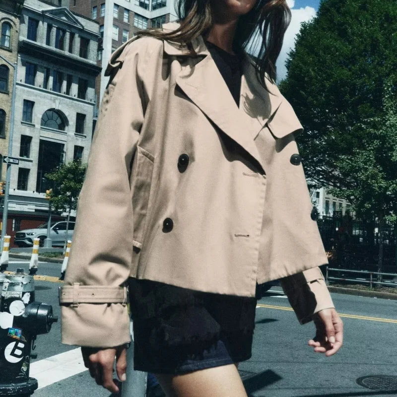 European and American style autumn new style fashionable and versatile double-breasted short windbreaker jacket with lapel