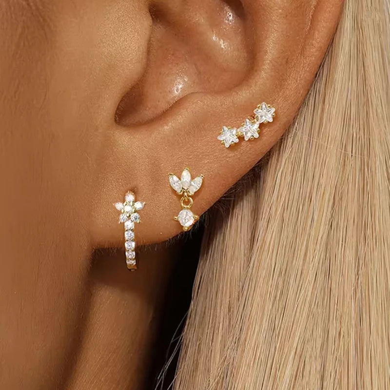 3PCS Flower Huggie Earring Set For Women Tragus Piercing Jewelry Lot Leaf Crystal Cartilage Hoop Earrings Helix Lobe Earing Bulk