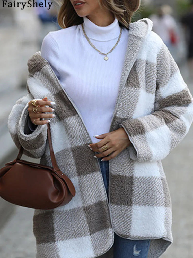 2025 Autumn Winter Women Plush Hooded Jacket Female Elegant Thick Loose Plaid Print Coat Ladies Casual Two-sided Warm Long Coat