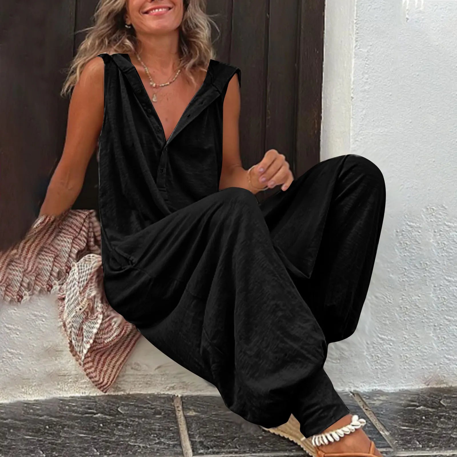 Fashionable Sleeveless Hooded Collar Jumpsuit Women Spring Summer Button Pocket Loose Casual Baggy Pants Jumpsuits Female