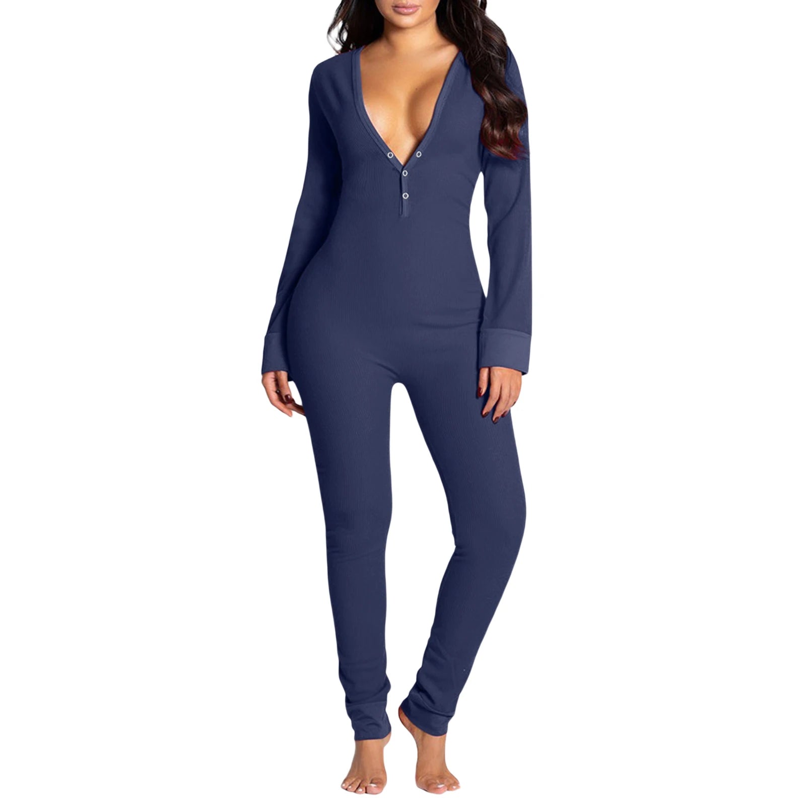 Women Jumpsuits Pajama Long Sleeve V Neck Bodycon Hip Detachable Crotch Romper Bodycon Playsuits Casual Loungewear