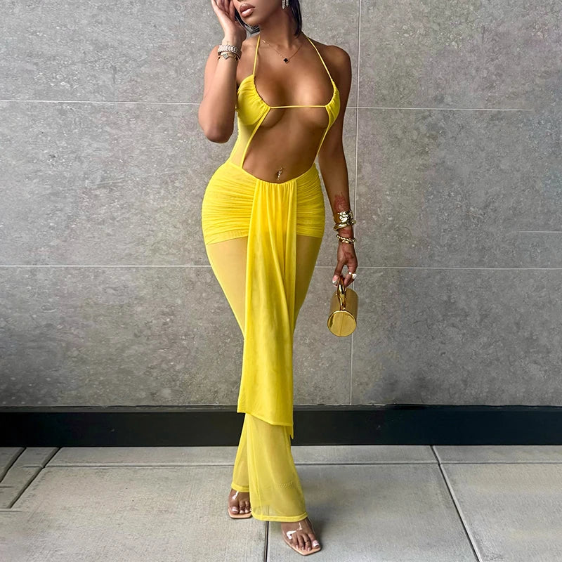 exy Halter Jumpsuit Women See Through Backless Ruched Ribbon Hollow Hipster Skinny Summer Clubwear Midnight Overalls