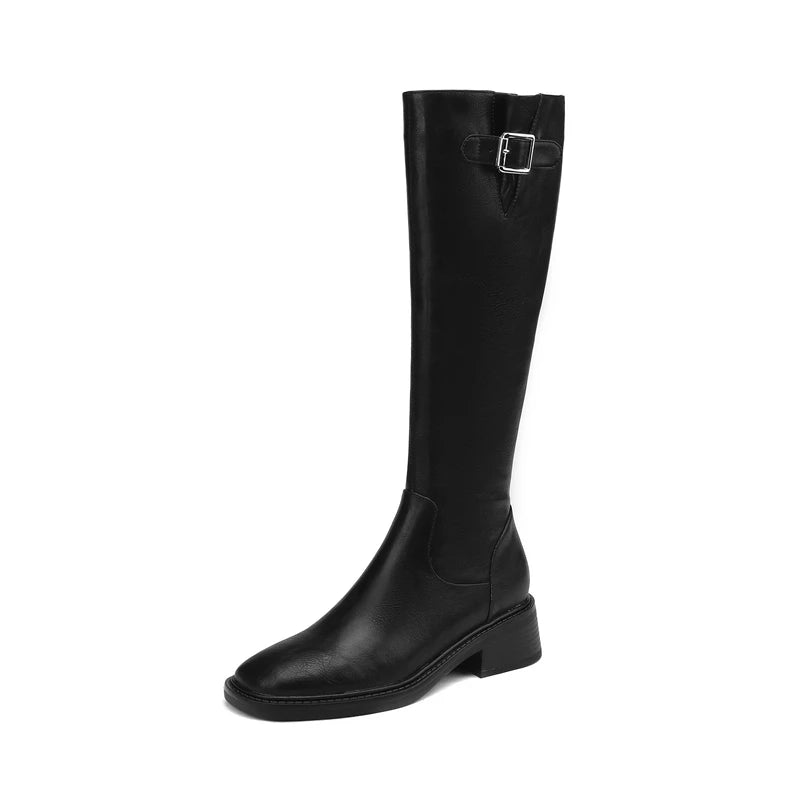 Women's New Autumn/Winter Genuine Leather Cowhide Mid Heel Large Metal Belt Buckle and Knee Zipper High Barrel Knight Boots