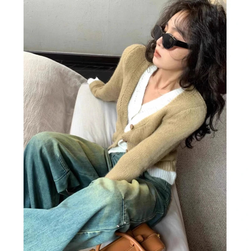 Elegant Button Sweater Fashion Long Sleeve False Two-piece Knitted Top Korean Style Autumn V-neck Cardigan Casual Knitwear