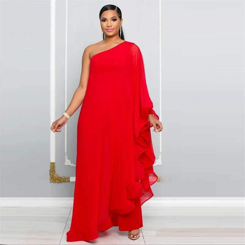 Elegant Chiffon One Shoulder Wide Leg Jumpsuit Women Club Party Birthday Outfits One Pieces Rompers Overalls Combinaison Femme