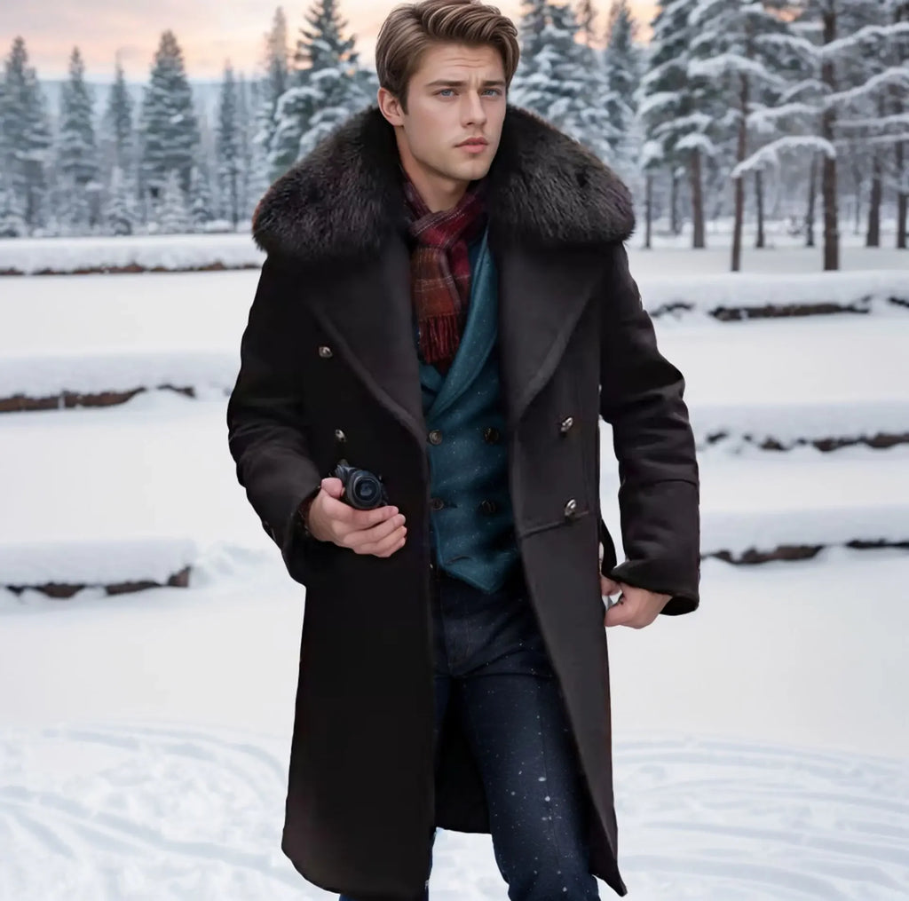European and American Men's Casual Woolen Coat for Autumn and Winter, Young Men's Double-breasted Fur Collar Overcoat S-5XL
