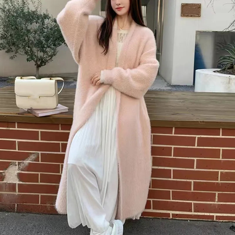 FSMG Elegant Solid Long Pure Imitation Mink Fleece Cardigans Women Knee Length Knitted Cashmere Sweater High Street Warm Coat