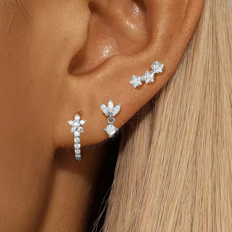 3PCS Flower Huggie Earring Set For Women Tragus Piercing Jewelry Lot Leaf Crystal Cartilage Hoop Earrings Helix Lobe Earing Bulk