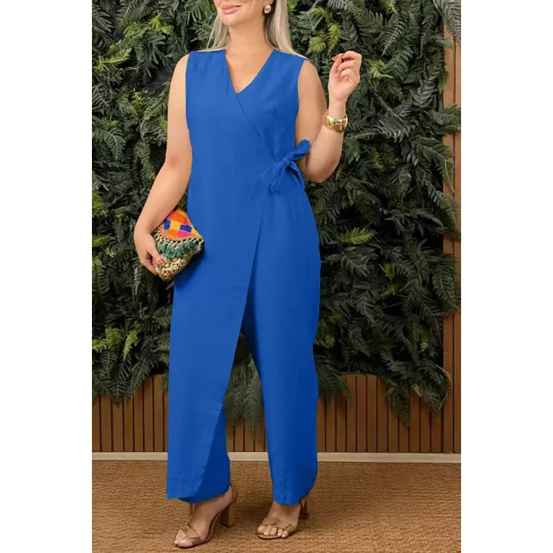 Women's Casual V-neck Cross Strap Jumpsuit Streetwear Loose Romper Elegant Lace Up Sleeveless Hollow Out Solid Office Jumpsuits