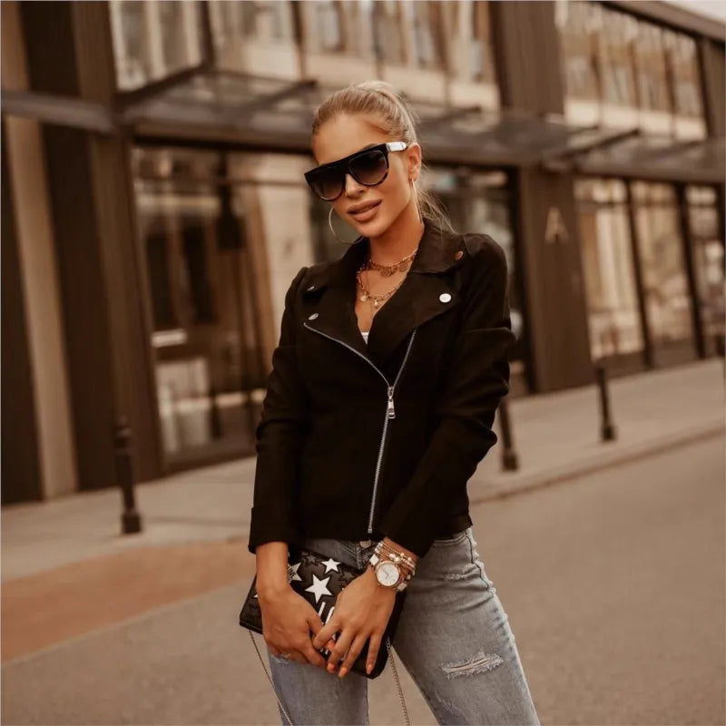 Elegant Temperament Solid Jacket For Women's 2024 Autumn Winter Solid Slim Oblique Zipper Lapel Short Jacket Female Streetwear